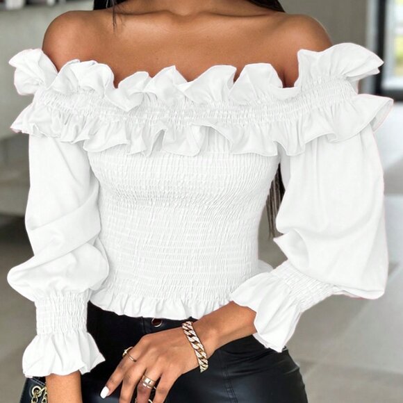 White Casual Women's Short Ruffle Trim Off Shoulder Blouse - Picture 5 of 6